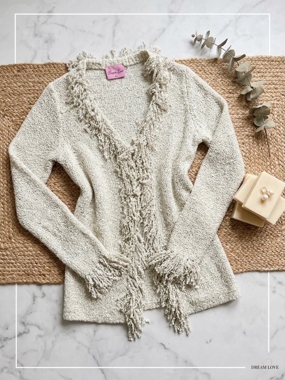 Demi Tour Cream Fringe Open-Front Cardigan Medium